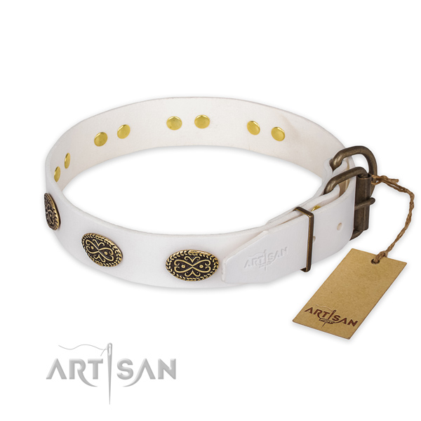 Rust resistant fittings on genuine leather collar for fancy walking your doggie