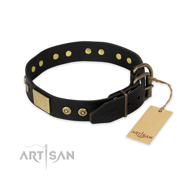Strong traditional buckle on full grain natural leather collar for daily walking your doggie