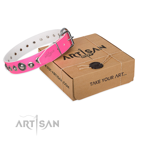 Full grain natural leather dog collar made of top notch material with durable fittings