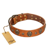 "Rockstar" FDT Artisan Tan Leather Sharpei Collar with Engraved Studs and Medallions