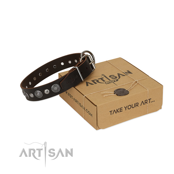 Strong full grain leather dog collar with designer adornments