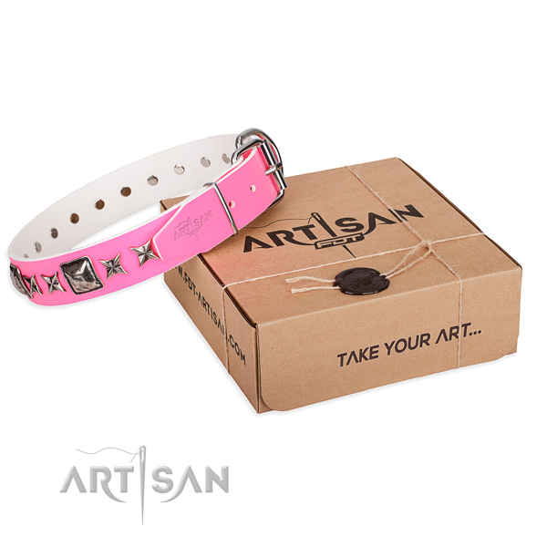 Comfy wearing genuine leather dog collar with decorations