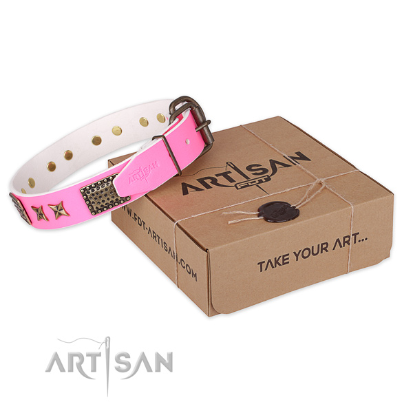 Corrosion resistant hardware on natural genuine leather collar for your attractive pet
