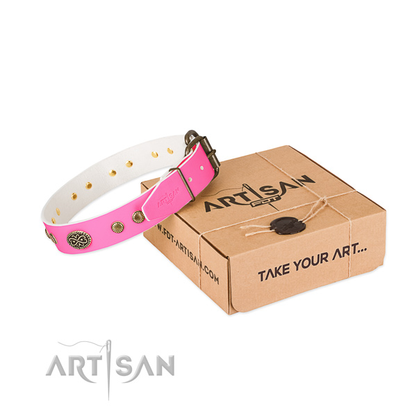 Durable embellishments on full grain genuine leather dog collar for your dog