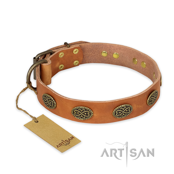 Adjustable full grain natural leather dog collar with reliable traditional buckle