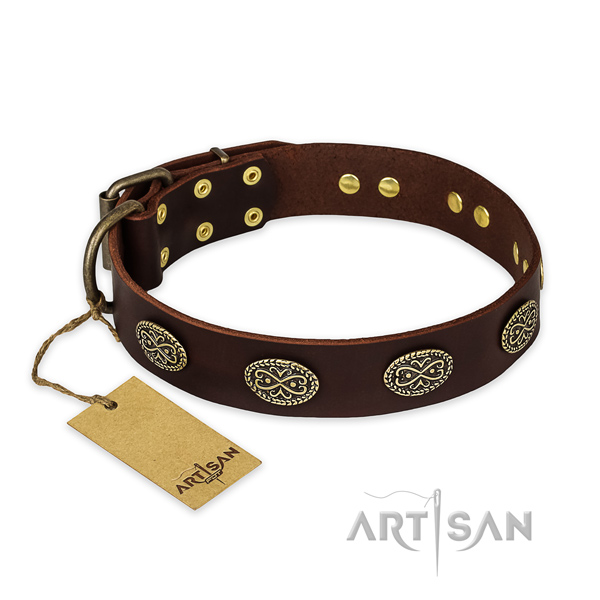 Adorned natural genuine leather dog collar with durable D-ring