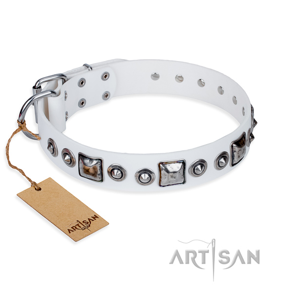 Natural genuine leather dog collar made of gentle to touch material with durable hardware