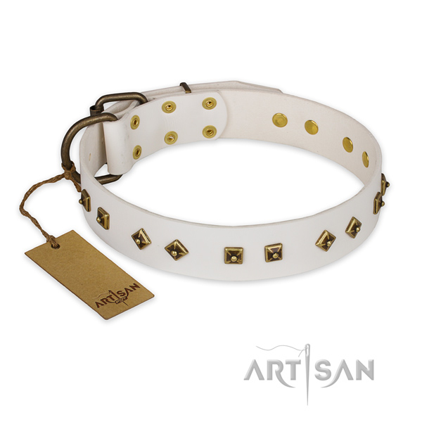Decorated full grain genuine leather dog collar with rust-proof fittings