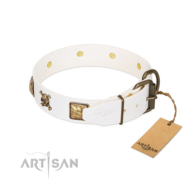 Inimitable full grain natural leather dog collar with corrosion proof adornments