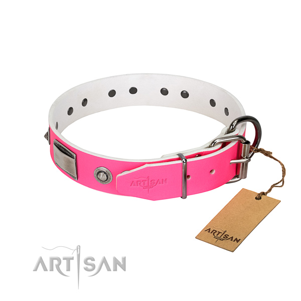 Convenient dog collar of full grain genuine leather with decorations