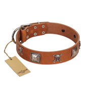 "Amorous Escapade" Embellished FDT Artisan Tan Leather Sharpei Collar with Chrome Plated Crossbones and Plates