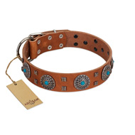 "Blue Sands" FDT Artisan Tan Leather Sharpei Collar with Silver-like Studs and Round Conchos with Stones