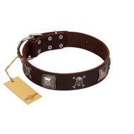 "Nut-Brown Finery" Embellished FDT Artisan Brown Leather Sharpei Collar with Chrome Plated Crossbones and Plates